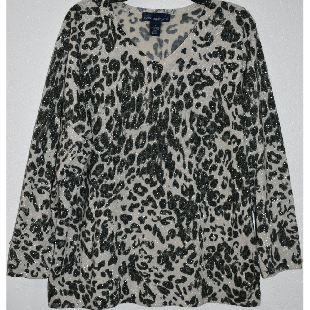 Susan Graver Style Leopard Print Metallic‎ V-Neck Sweater Womens 1X Cream Black